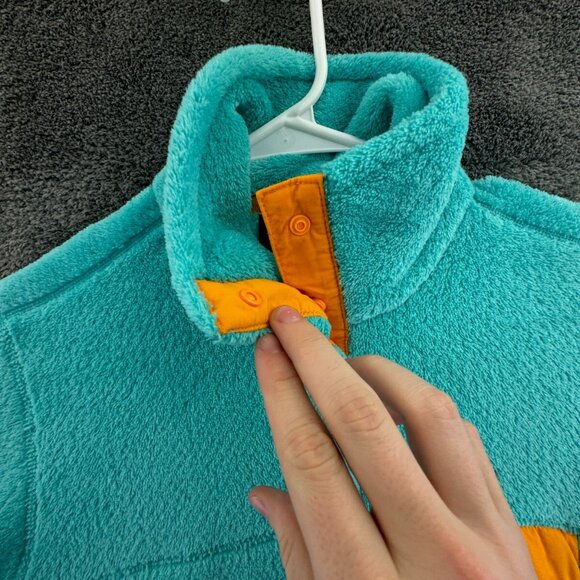 Patagonia Jacket Small Blue Fuzzy Soft Fleece Logo Pullover Women 1/4 Snap - Picture 12 of 15